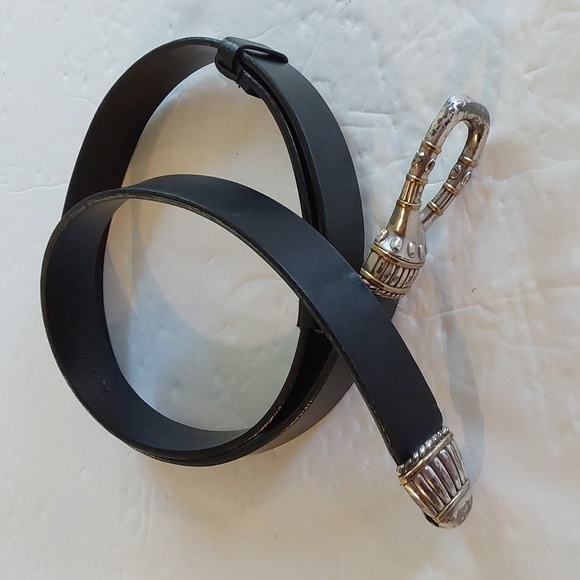 Chico's Womens Black leather Gold Silver Buckle CLASP Belt Sz. M/L - Picture 1 of 6